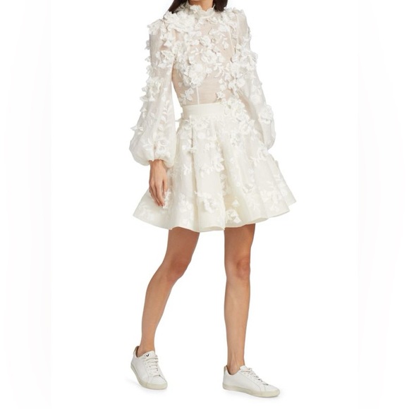 Zimmermann Postcard Floral-Appliqued Linen-Silk Full Mini Skirt Size Zimm 1 - Picture 4 of 16